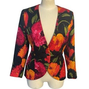 Vertigo Paris Silk Wool Black Vibrant Pink Orange Flowers Blazer Jacket Sz 6